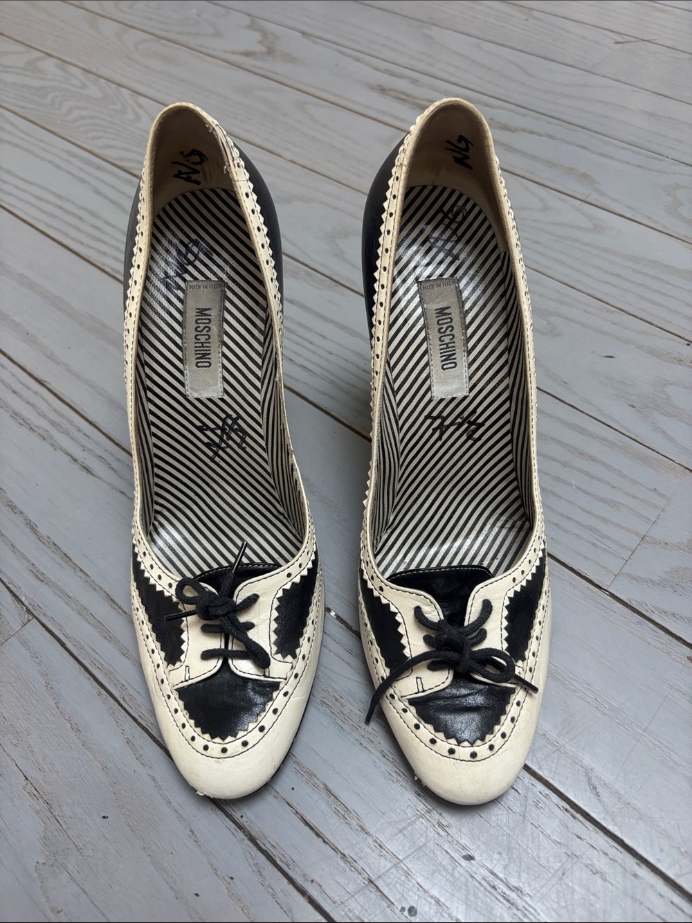 Moschino Black and White Wingtip Lace-Up Heels